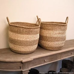 Storage Baskets Zentique Rounded Hand Woven Wicker Seagrass Striped Medium Basket With Handles