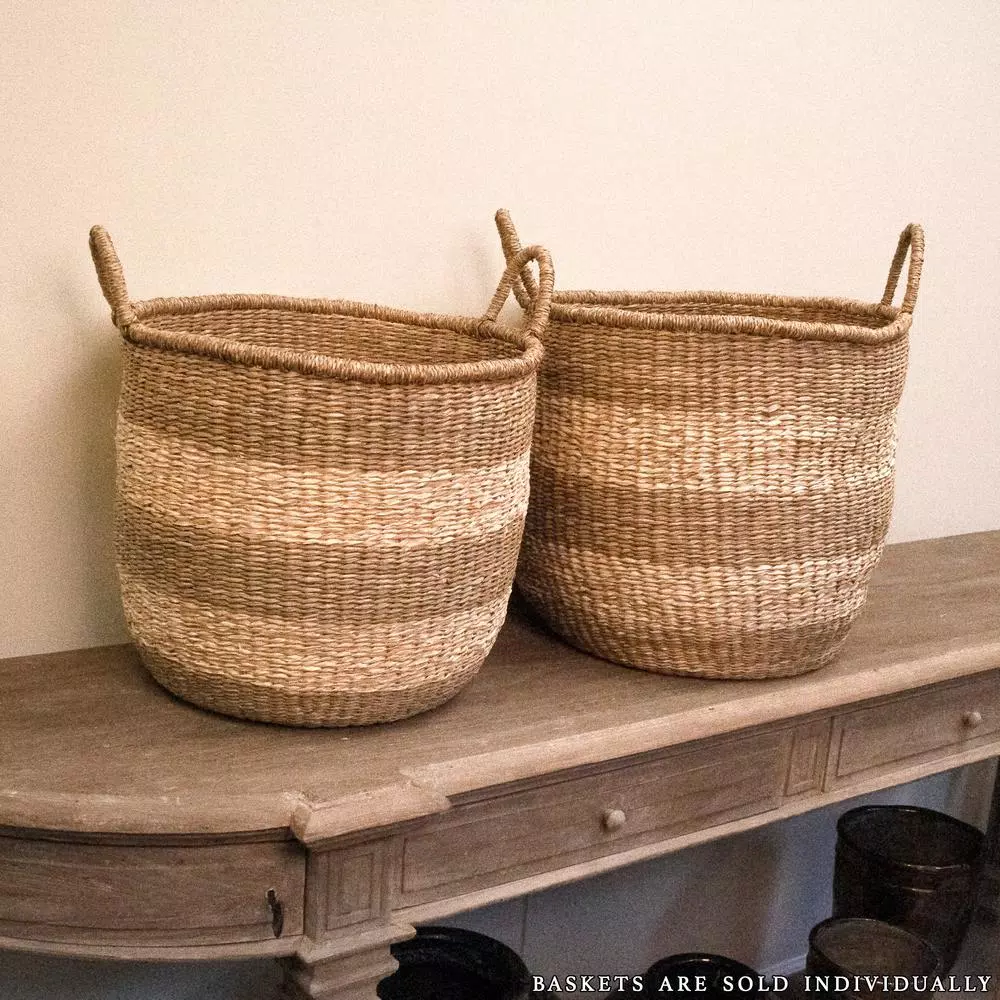 Storage Baskets Zentique Rounded Hand Woven Wicker Seagrass Striped Medium Basket With Handles 2 Storage Baskets Zentique Rounded Hand Woven Wicker Seagrass Striped Medium Basket With Handles