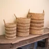 Storage Baskets Zentique Cylindrical Handmade Woven Wicker Seasgrass Palm Leaf Wire Medium Basket With Stripes And Handles -Brita shop beige and brown striped zentique storage baskets zengn b7 m 64 1000