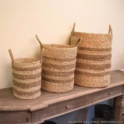 Storage Baskets Zentique Cylindrical Handmade Woven Wicker Seasgrass Palm Leaf Wire Medium Basket With Stripes And Handles