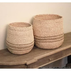 Storage Baskets Zentique Concave Hand Woven Wicker Seagrass And Palm Leaf With Dark Pin Stripes Large Basket -Brita shop beige and brown striped zentique storage baskets zenws b01 l 31 1000