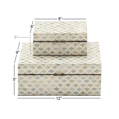 Storage Baskets LITTON LANE Vintage White Zig-Zag Patterned MDF Multiple Decorative Boxes W/ Tan, Gray And Blue Mother Of Pearl Tile Inlay(Set Of 2) -Brita shop beige blue litton lane storage baskets 41126 1f 1000