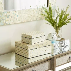 Storage Baskets LITTON LANE Vintage White Zig-Zag Patterned MDF Multiple Decorative Boxes W/ Tan, Gray And Blue Mother Of Pearl Tile Inlay(Set Of 2) -Brita shop beige blue litton lane storage baskets 41126 31 1000