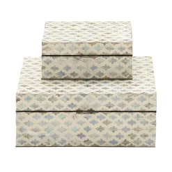 Storage Baskets LITTON LANE Vintage White Zig-Zag Patterned MDF Multiple Decorative Boxes W/ Tan, Gray And Blue Mother Of Pearl Tile Inlay(Set Of 2)