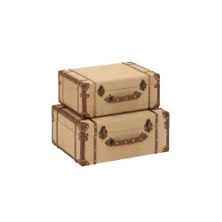 Storage Baskets LITTON LANE Rectangular Wooden Burlap Trunk Boxes With Hinged Lids (Set Of 2)