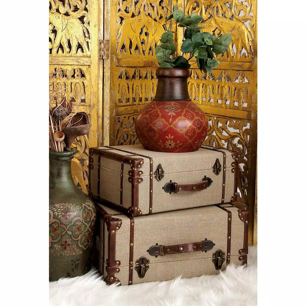 Storage Baskets LITTON LANE Rectangular Wooden Burlap Trunk Boxes With Hinged Lids (Set Of 2) 5 Storage Baskets LITTON LANE Rectangular Wooden Burlap Trunk Boxes With Hinged Lids (Set Of 2) - Image 3