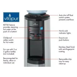 Water Dispensers VITAPUR 3-5 Gal. Hot/Room/Cold Temperature Top Load Water Cooler Dispenser With Kettle Feature In Stainless Steel/Black -Brita shop black and stainless steel vitapur water coolers vwd5446bls c3 1000