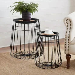 Storage Baskets Home Decorators Collection Round Black Metal Decorative Basket With Wood Lid (Set Of 2)