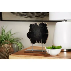 Sculptures LITTON LANE Large Live Edge Black Petrified Wood Slice Sculpture On Silver Metal Stand