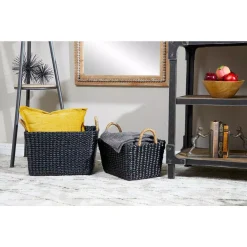 Storage Baskets LITTON LANE Large Rectangular Handwoven Black Water Hyacinth Wicker Baskets With Banana Leaf Handles (Set Of 2)
