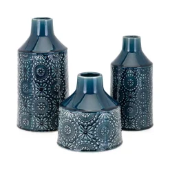 Benjara Glazed Blue Ceramic Floral Vases (Set Of 3)