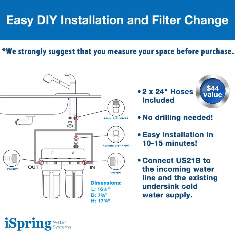 Water Filtration Systems ISPRING 10 In. X 4.5 In. Heavy Duty 2-Stage Undersink Water Filtration System With Premium Carbon Filter And Direct Connect Hose 7 Water Filtration Systems ISPRING 10 In. X 4.5 In. Heavy Duty 2-Stage Undersink Water Filtration System With Premium Carbon Filter And Direct Connect Hose - Image 5