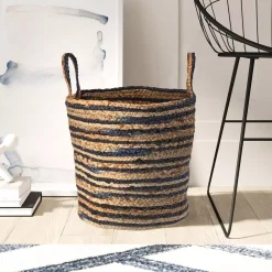 Storage Baskets LR Home Wonder Striped Braided Navy Blue Natural Jute Storage Decorative Basket With Handles