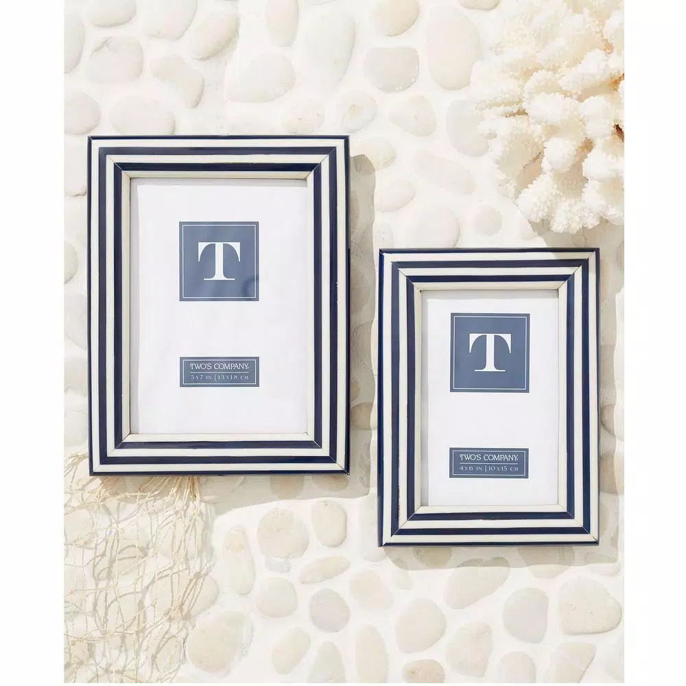 Two’s Company Nautical Stripes Blue And White Resin Picture Frames Includes 2 Sizes: 4 In. X 6 In. And 5 In. X 7 In. (Set Of 2) 4 Two’s Company Nautical Stripes Blue And White Resin Picture Frames Includes 2 Sizes: 4 In. X 6 In. And 5 In. X 7 In. (Set Of 2) - Image 2