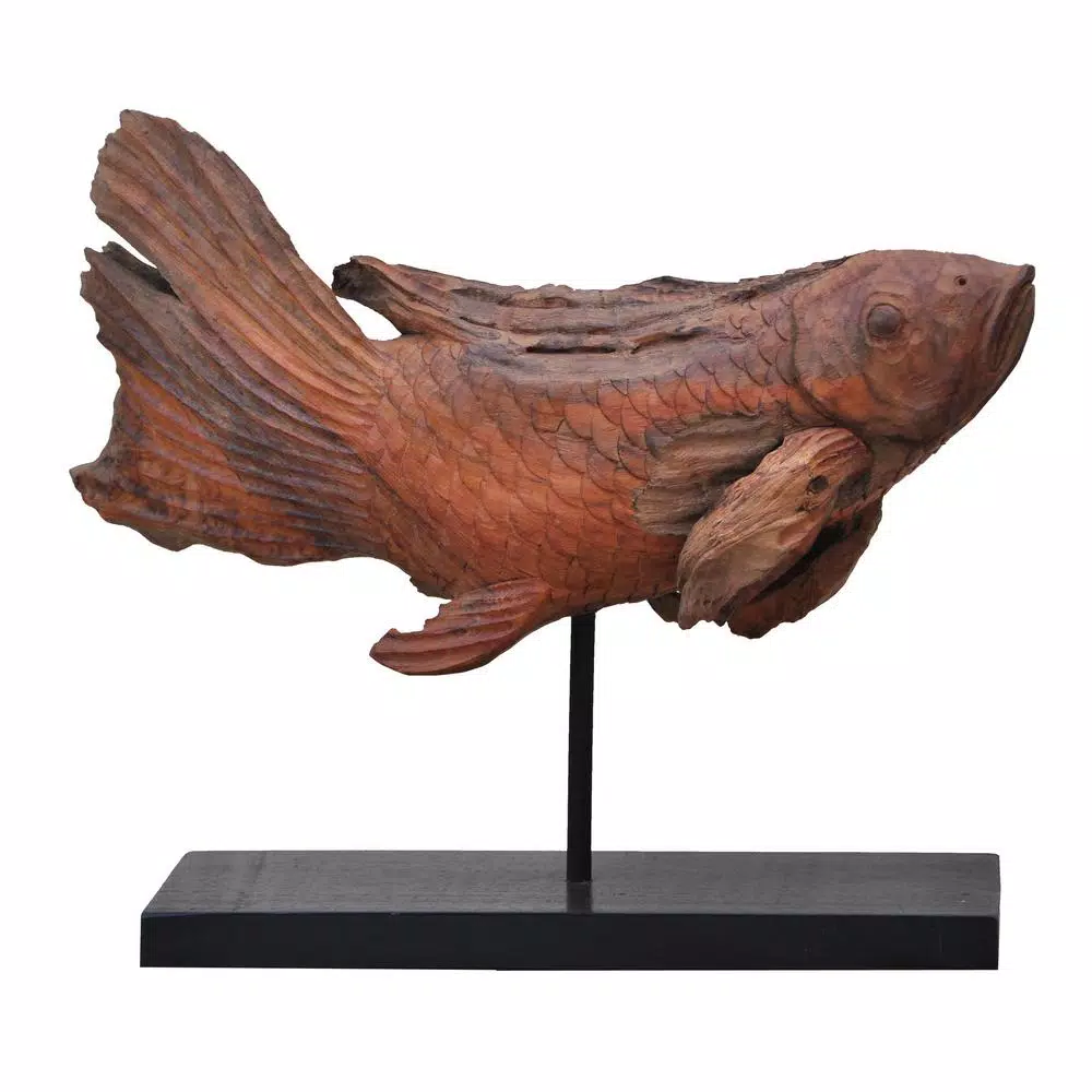 Sculptures A & B Home Brown Dragon Koi Teak Wood Sculpture 3 Sculptures A & B Home Brown Dragon Koi Teak Wood Sculpture