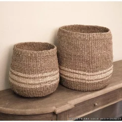 Storage Baskets Zentique Concave Hand Woven Wicker Seagrass And Palm Leaf With Light Pin Stripes Large Basket -Brita shop brown and beige striped zentique storage baskets zenws b02 l 31 1000