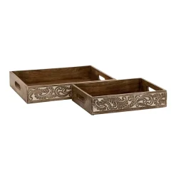 LITTON LANE Walnut Brown Vine And Leaf Decorative Trays (Set Of 2)
