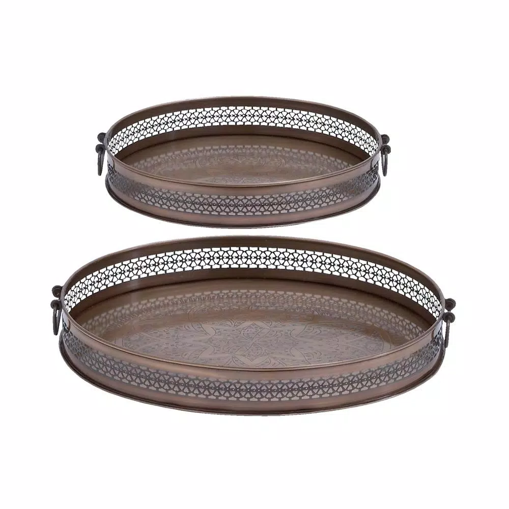 Decorative Trays LITTON LANE New Traditional Metallic Latticed Iron Trays (Set Of 2) 4 Decorative Trays LITTON LANE New Traditional Metallic Latticed Iron Trays (Set Of 2) - Image 2
