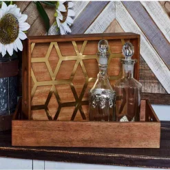 LITTON LANE Stained Brown Decorative Trays With Gold Geometric Patterns (Set Of 2)