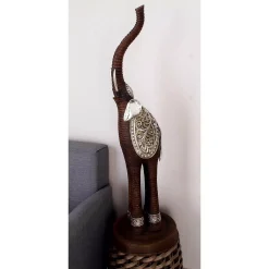 Sculptures LITTON LANE 38 In. Elephant Decorative Sculpture With Raised Trunk In Brown And Silver -Brita shop brown litton lane sculptures 35154 31 1000