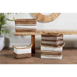 Storage Baskets LITTON LANE Rectangular Banana Leaf And Polypropylene Storage Wicker Baskets With Handles (Set Of 3)