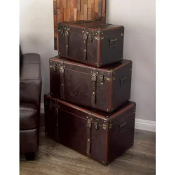 Storage Baskets LITTON LANE Globetrotter Wood And Matte Brown Leather Case (Set Of 3) -Brita shop brown litton lane storage baskets 56977 31 1000