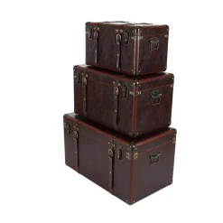 Storage Baskets LITTON LANE Globetrotter Wood And Matte Brown Leather Case (Set Of 3) -Brita shop brown litton lane storage baskets 56977 44 1000