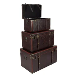 Storage Baskets LITTON LANE Globetrotter Wood And Matte Brown Leather Case (Set Of 3) -Brita shop brown litton lane storage baskets 56977 77 1000