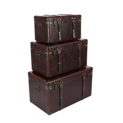 Storage Baskets LITTON LANE Globetrotter Wood And Matte Brown Leather Case (Set Of 3) -Brita shop brown litton lane storage baskets 56977 c3 1000