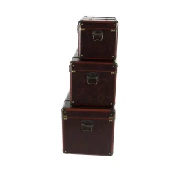 Storage Baskets LITTON LANE Globetrotter Wood And Matte Brown Leather Case (Set Of 3) -Brita shop brown litton lane storage baskets 56977 e1 1000