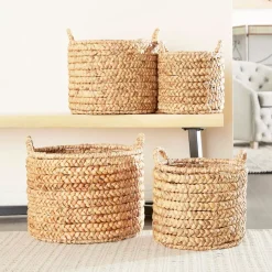 Storage Baskets LITTON LANE Round Water Hyacinth And Metal Storage Wicker Baskets (Set Of 4)