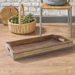 Decorative Trays Stonebriar Collection Brown Rectangular Wooden Tray With Black Metal Trim And Rivets