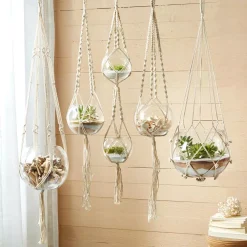 Vases Two’s Company Handcrafted Macrame Clear Plant Hangers/Candleholders Includes Cream Colored Cotton Rope And Glass Bowl (Set Of 5)