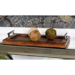 Decorative Trays LITTON LANE Brown Rectangular Tray With Silver Stainless Steel Handles
