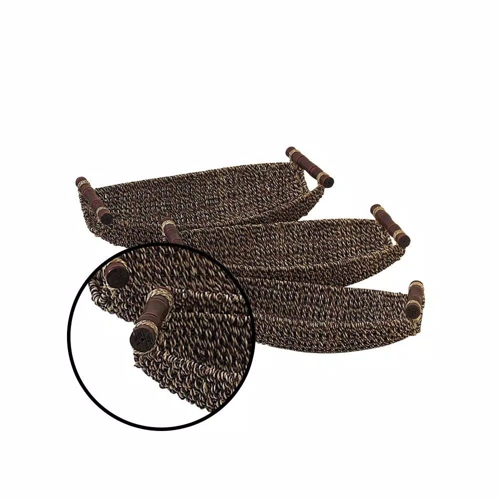 Decorative Trays LITTON LANE Dark Brown And Light Brown Tight Braid Seagrass Boat-Shaped Trays With Cherrywood Dowell Handles (Set Of 3) 5 Decorative Trays LITTON LANE Dark Brown And Light Brown Tight Braid Seagrass Boat-Shaped Trays With Cherrywood Dowell Handles (Set Of 3) - Image 3