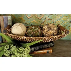 Decorative Trays LITTON LANE Dark Brown And Light Brown Tight Braid Seagrass Boat-Shaped Trays With Cherrywood Dowell Handles (Set Of 3)