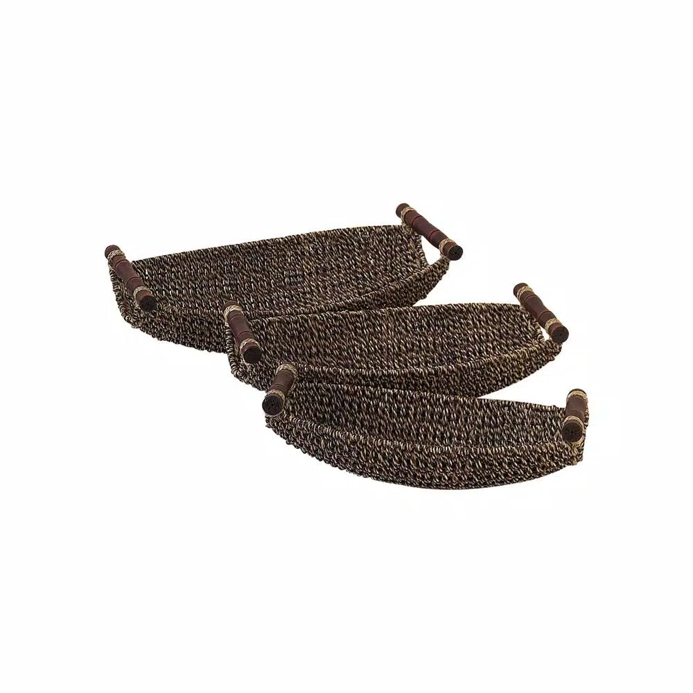 Decorative Trays LITTON LANE Dark Brown And Light Brown Tight Braid Seagrass Boat-Shaped Trays With Cherrywood Dowell Handles (Set Of 3) 4 Decorative Trays LITTON LANE Dark Brown And Light Brown Tight Braid Seagrass Boat-Shaped Trays With Cherrywood Dowell Handles (Set Of 3) - Image 2