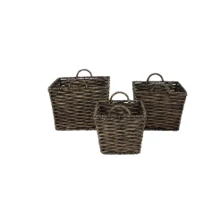 LITTON LANE Large Square Water Hyacinth Wicker Dark Brown Storage Baskets (Set Of 3)