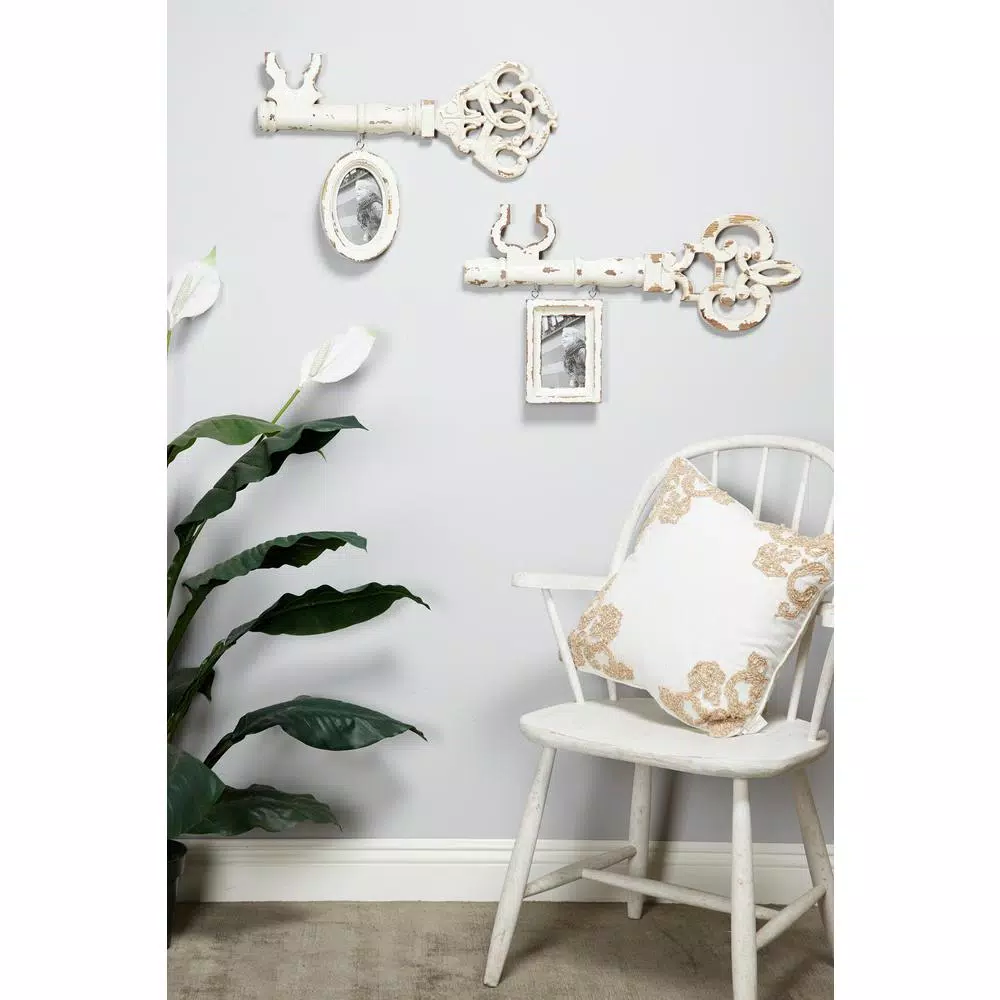 Picture Frames LITTON LANE 4 In. X 6 In. Decorative Antique Key And Hanging Picture Frame Wall Decor With Distressed White Finish 3 Picture Frames LITTON LANE 4 In. X 6 In. Decorative Antique Key And Hanging Picture Frame Wall Decor With Distressed White Finish