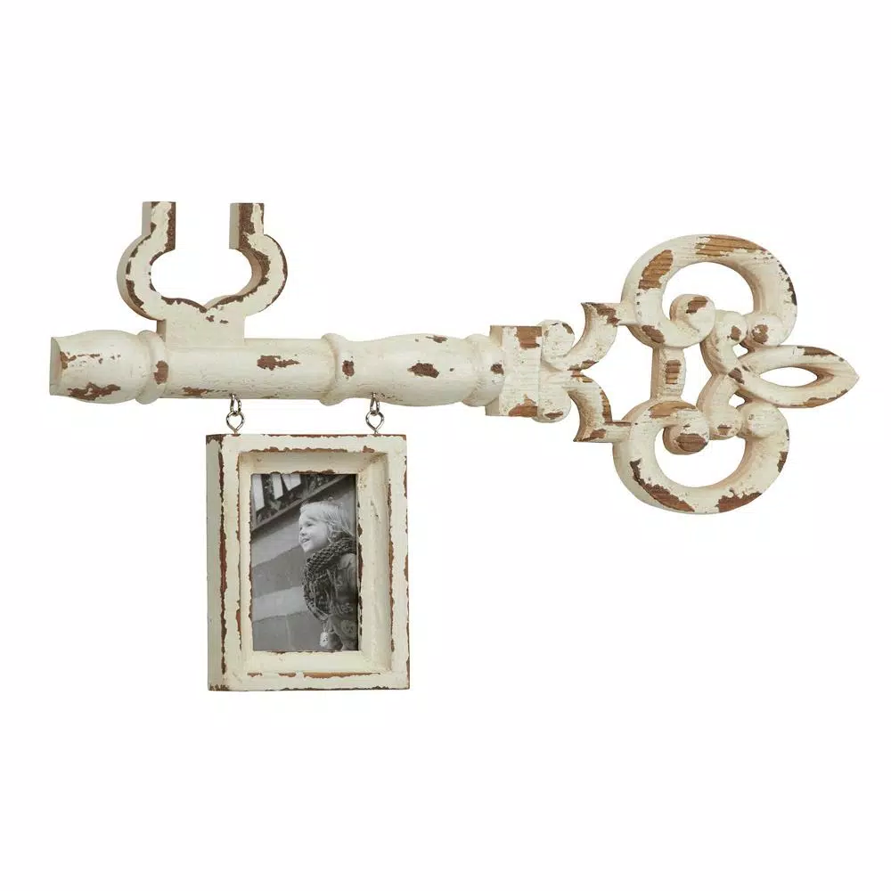 Picture Frames LITTON LANE 4 In. X 6 In. Decorative Antique Key And Hanging Picture Frame Wall Decor With Distressed White Finish 4 Picture Frames LITTON LANE 4 In. X 6 In. Decorative Antique Key And Hanging Picture Frame Wall Decor With Distressed White Finish - Image 2