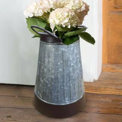 Vases Benjara Gray And Brown Galvanized Metal Corrugated Decorative Flower Vase With Curved Side Handles -Brita shop gray and brown benjara vases bm195135 31 1000