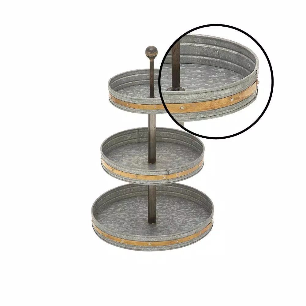 Decorative Trays LITTON LANE 24 In. 3-Tiered Round Gray Iron Tray Stand With Copper Band Accents 4 Decorative Trays LITTON LANE 24 In. 3-Tiered Round Gray Iron Tray Stand With Copper Band Accents - Image 3