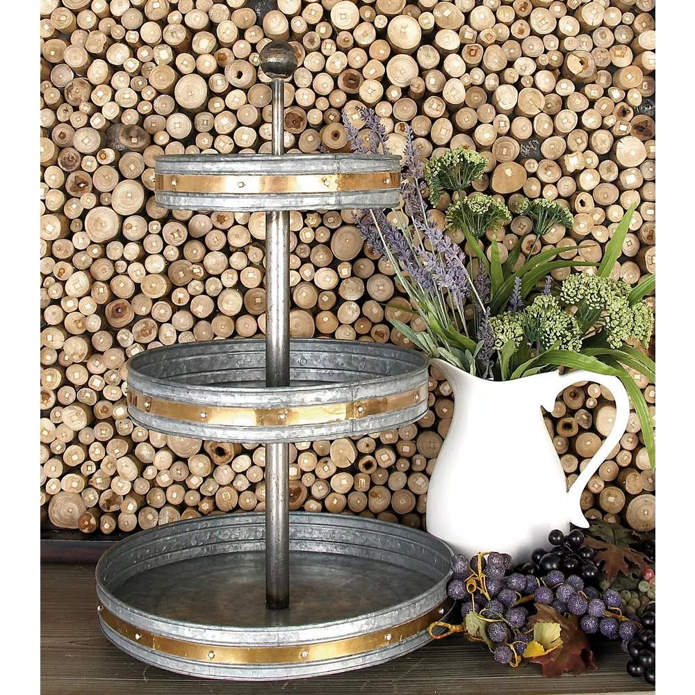 Decorative Trays LITTON LANE 24 In. 3-Tiered Round Gray Iron Tray Stand With Copper Band Accents 2 Decorative Trays LITTON LANE 24 In. 3-Tiered Round Gray Iron Tray Stand With Copper Band Accents