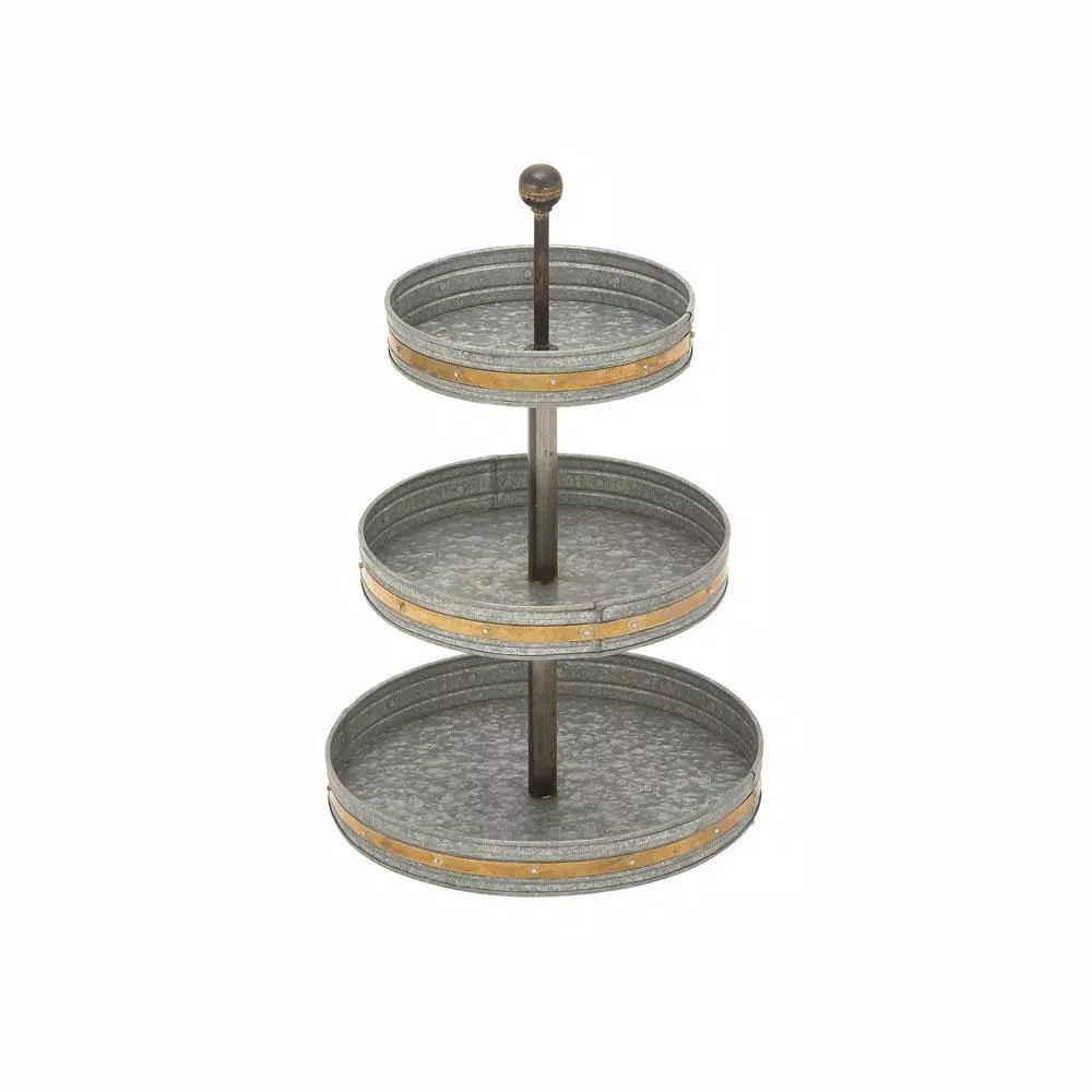 Decorative Trays LITTON LANE 24 In. 3-Tiered Round Gray Iron Tray Stand With Copper Band Accents 3 Decorative Trays LITTON LANE 24 In. 3-Tiered Round Gray Iron Tray Stand With Copper Band Accents - Image 2