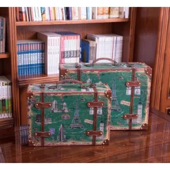 Storage Baskets Vintiquewise Set Of 2 Vintage-Style World Map Leather Wooden Suitcase Trunks With Straps And Handle