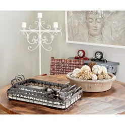 LITTON LANE Rectangular Brown Wood And Metal Decorative Trays With Bird Figurines (Set Of 3)