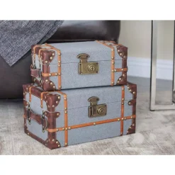Storage Baskets LITTON LANE Globetrotter Wood Fabric Boxes With Brown Leather Accents (Set Of 2)