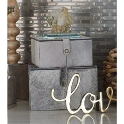 Storage Baskets LITTON LANE Rectangular Wood And Leather Hide Gray Boxes (Set Of 2)