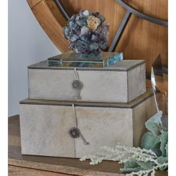 Storage Baskets LITTON LANE Rectangular Wood And Leather Hide Gray Buttoned Boxes (Set Of 2)