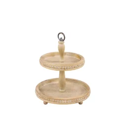 Decorative Trays LITTON LANE Tall Natural Beige Wood 2-Tier Round Serving Tray Stand
